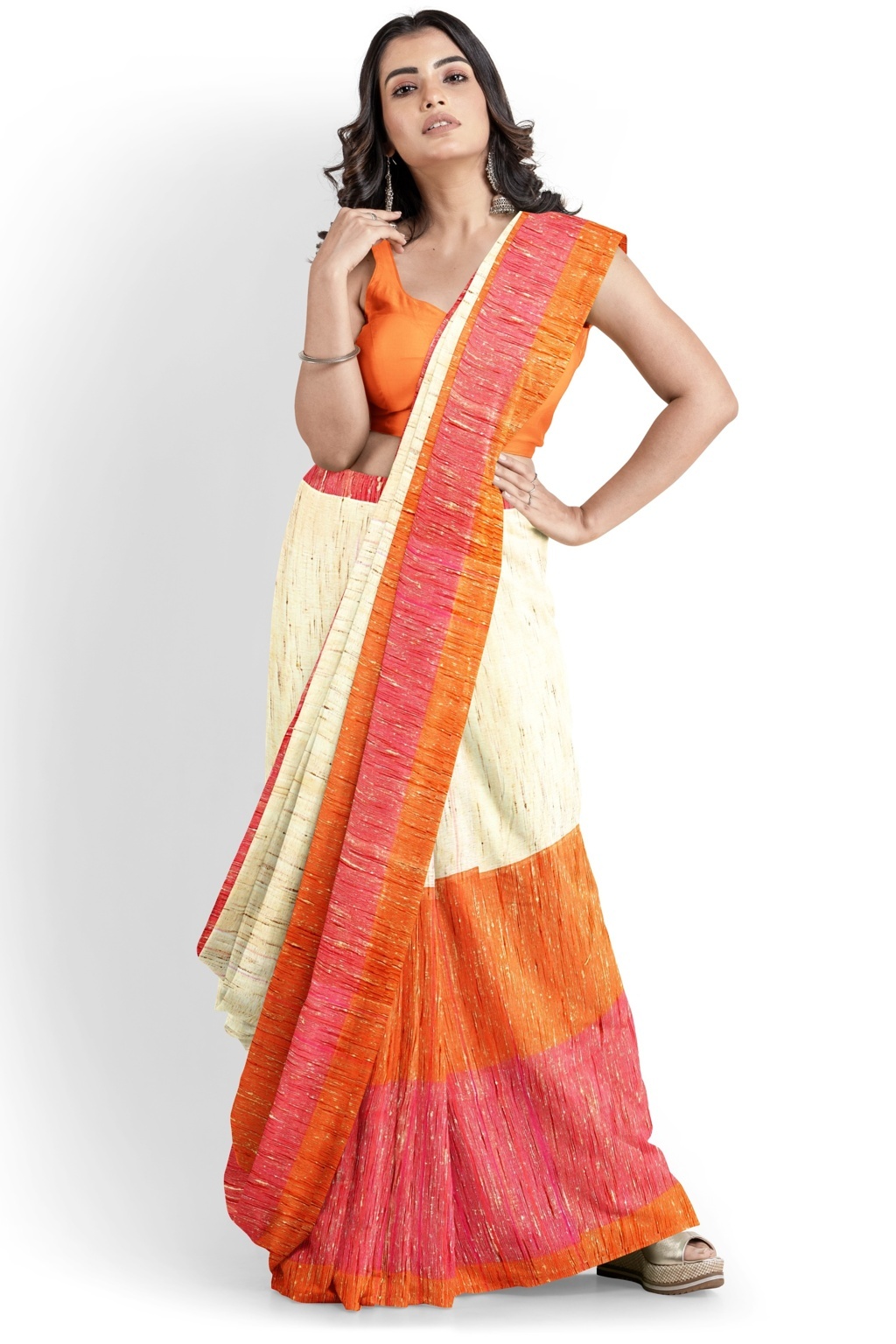 Orange White Pure Cotton Kusu Hand Loom Saree (1281)